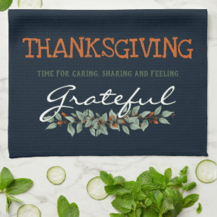 Modern Eucalyptus Feeling Grateful Thanksgiving Kitchen Towel
