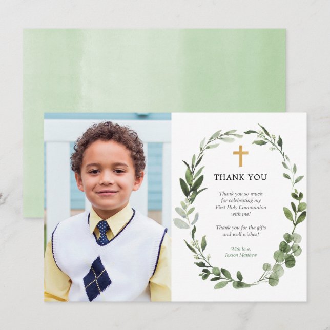 Modern Eucalyptus first communion thank you card (Front/Back)