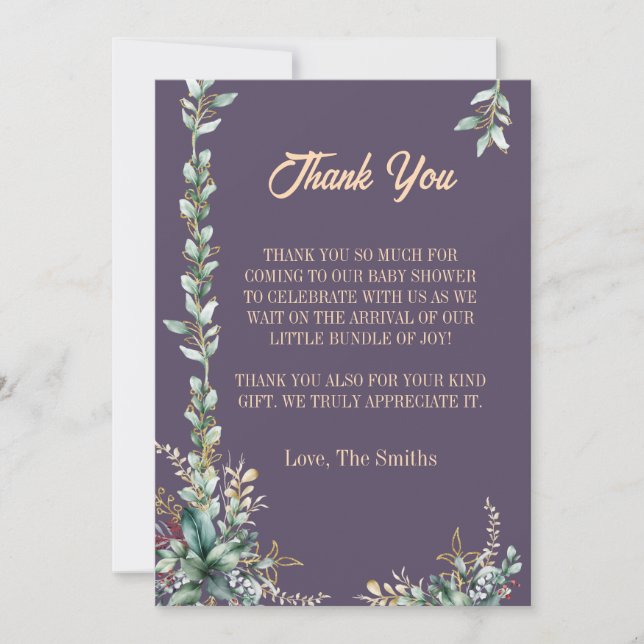 Modern eucalyptus floral baby shower thank you invitation (Front)