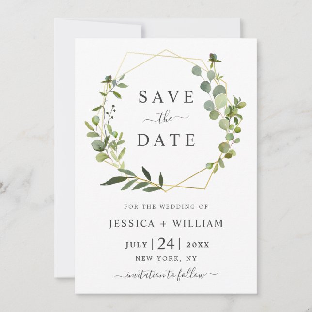 Modern Eucalyptus Floral Geometric Frame Wedding Save The Date (Front)