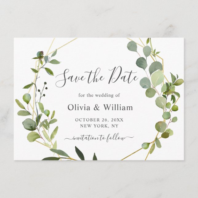 Modern Eucalyptus Floral Geometric Frame Wedding Save The Date (Front)