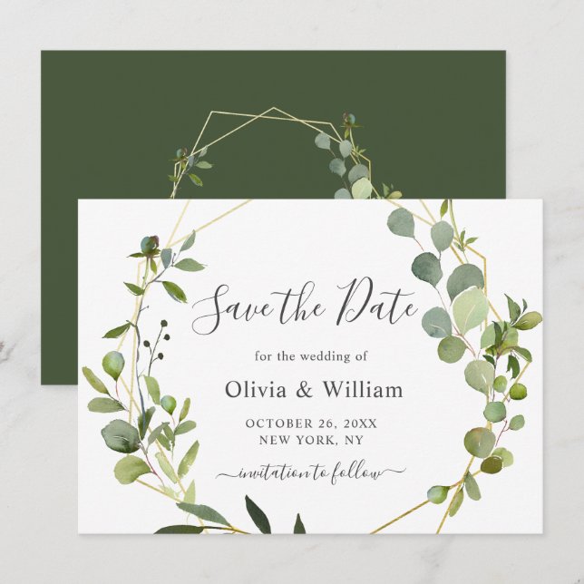 Modern Eucalyptus Floral Geometric Frame Wedding Save The Date (Front/Back)