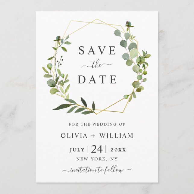 Modern Eucalyptus Floral Geometric Frame Wedding Save The Date (Front)