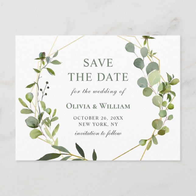 Modern Eucalyptus Floral Wedding Save the Date Postcard (Front)