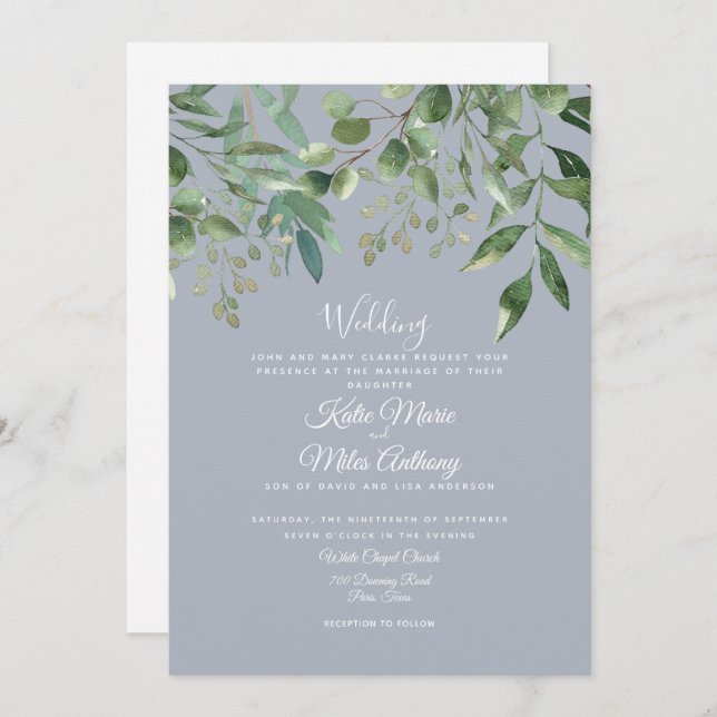 Modern Eucalyptus Foliage Dusty Blue Wedding Invit Invitation (Front/Back)