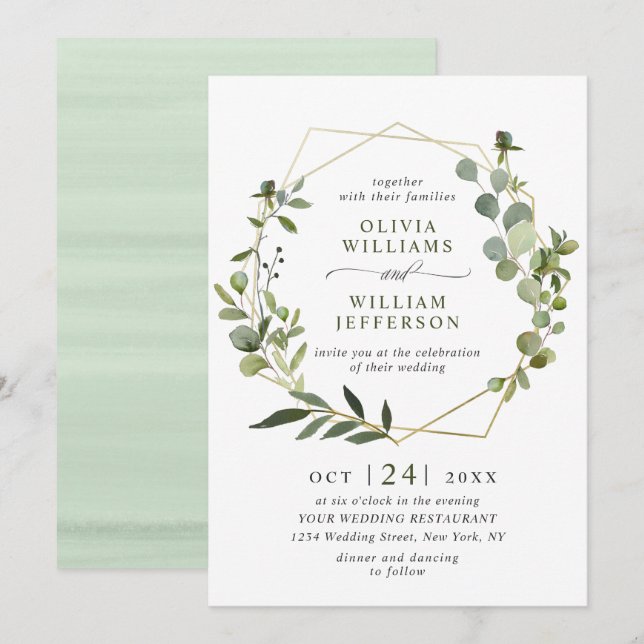 Modern Eucalyptus Foliage Geometric Frame Wedding Invitation (Front/Back)