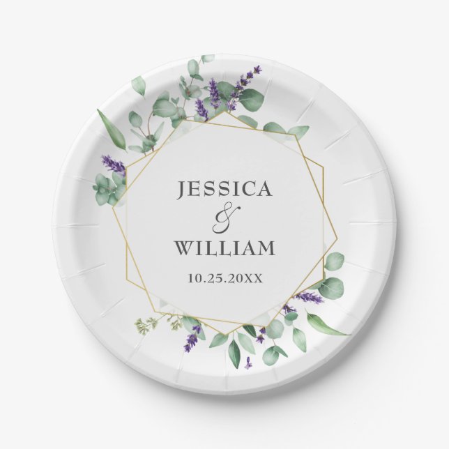 Modern Eucalyptus Foliage Geometric Frame Wedding Paper Plate (Front)