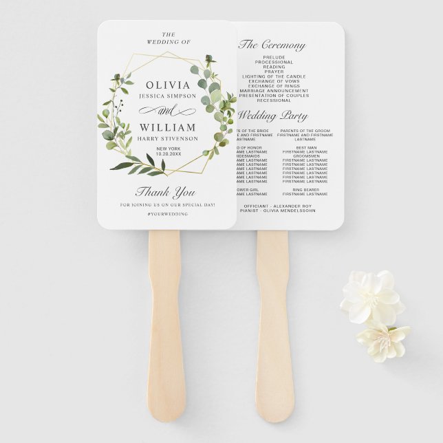Modern Eucalyptus Foliage Wedding Program Hand Fan (Front and Back)