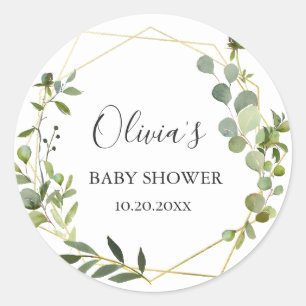 Modern Eucalyptus Geometric Frame Baby Shower Classic Round Sticker