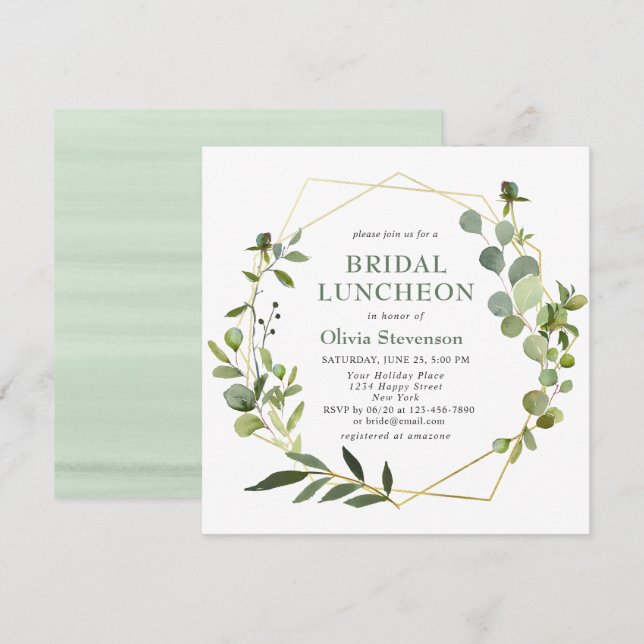 Modern Eucalyptus Geometric Frame BRIDAL LUNCHEON Invitation (Front/Back)
