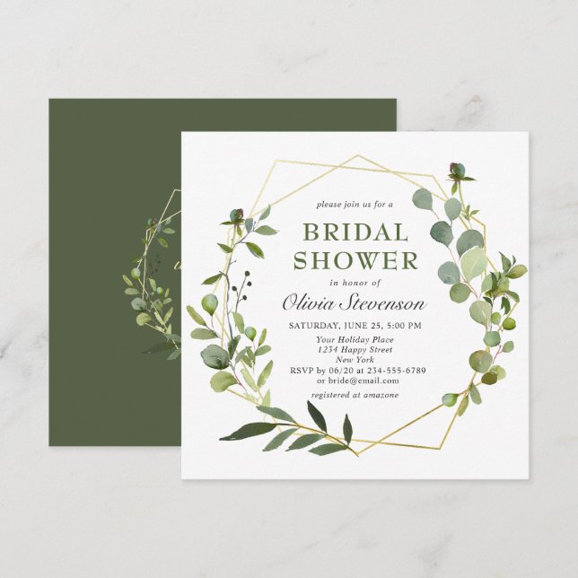 Modern Eucalyptus Geometric Frame Bridal Shower Invitation (Front/Back)