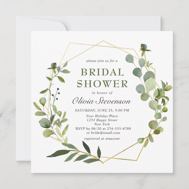 Modern Eucalyptus Geometric Frame Bridal Shower Invitation (Front)