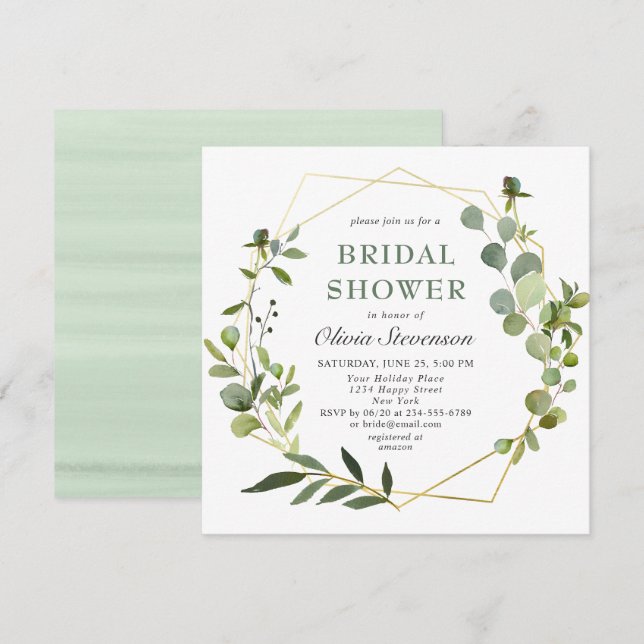 Modern Eucalyptus Geometric Frame Bridal Shower Invitation (Front/Back)