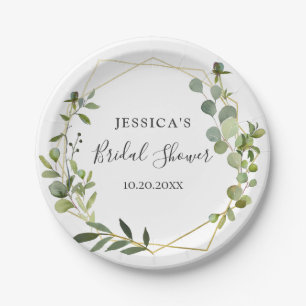 Modern Eucalyptus Geometric Frame Bridal Shower Paper Plate