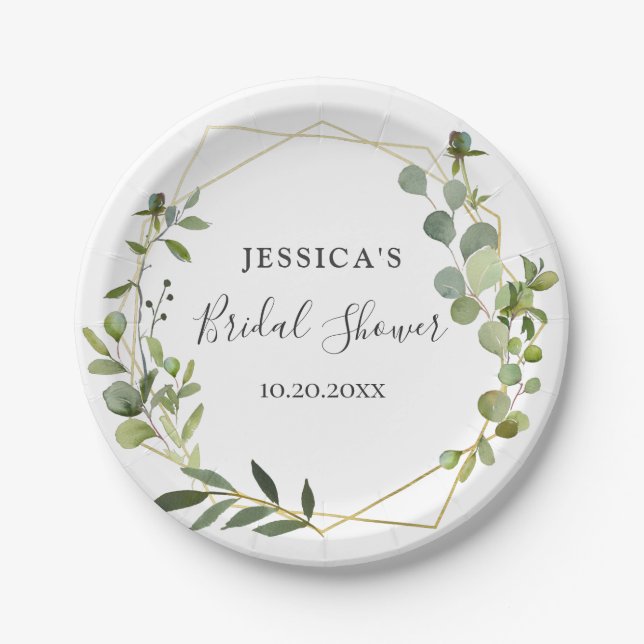 Modern Eucalyptus Geometric Frame Bridal Shower Paper Plate (Front)