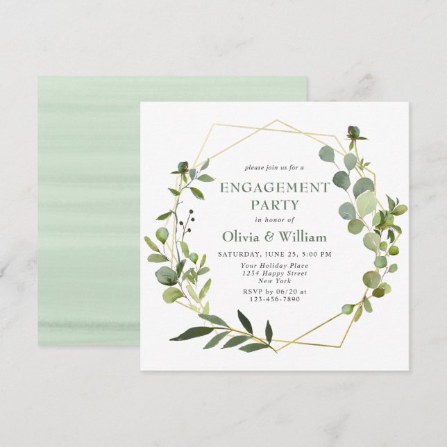 Modern Eucalyptus Geometric Frame ENGAGEMENT PARTY Invitation (Front/Back)