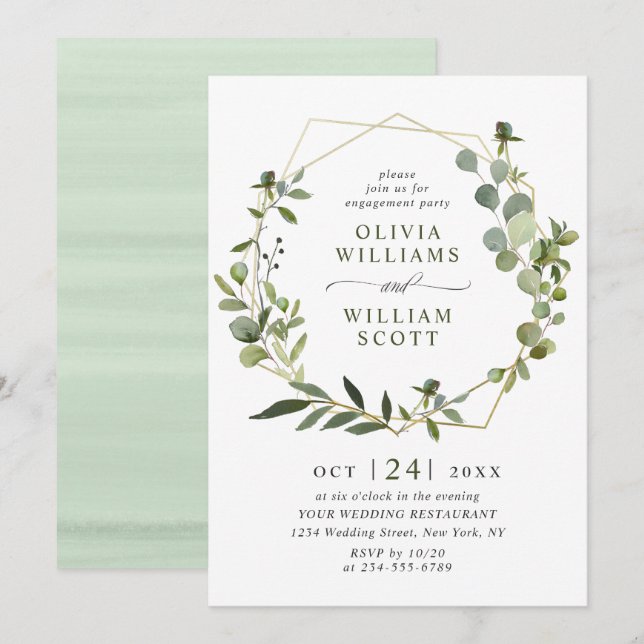 Modern Eucalyptus Geometric Frame ENGAGEMENT PARTY Invitation (Front/Back)