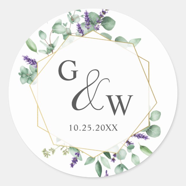Modern Eucalyptus Geometric Frame Floral Wedding Classic Round Sticker (Front)