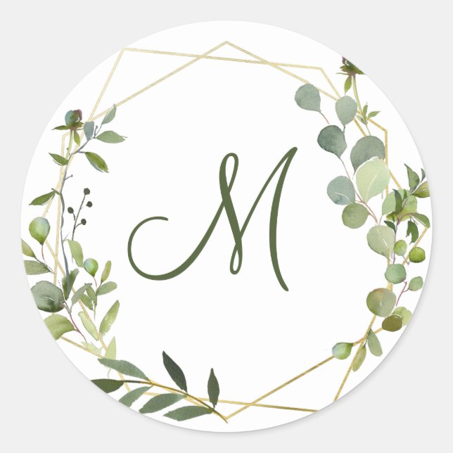 Modern Eucalyptus Geometric Frame MONOGRAM Classic Round Sticker (Front)