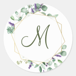 Modern Eucalyptus Geometric Frame MONOGRAM Classic Round Sticker