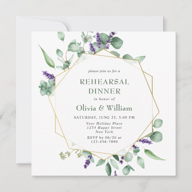 Modern Eucalyptus Geometric Frame REHEARSAL DINNER Invitation (Front)
