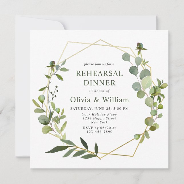 Modern Eucalyptus Geometric Frame REHEARSAL DINNER Invitation (Front)