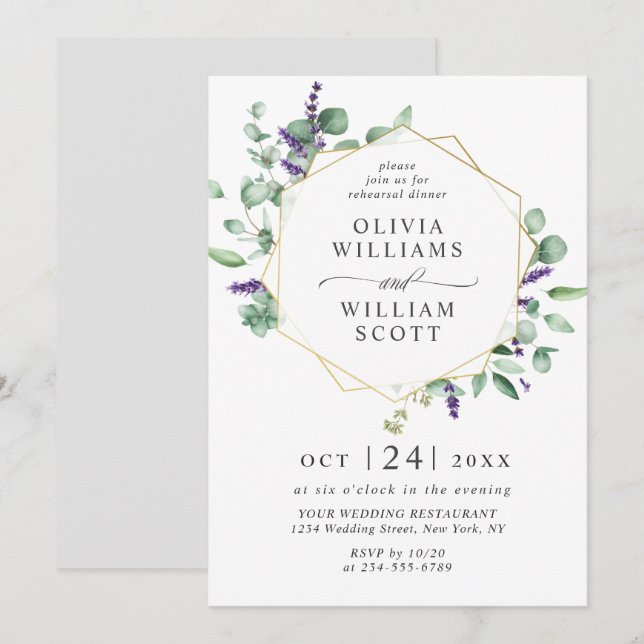 Modern Eucalyptus Geometric Frame REHEARSAL DINNER Invitation (Front/Back)