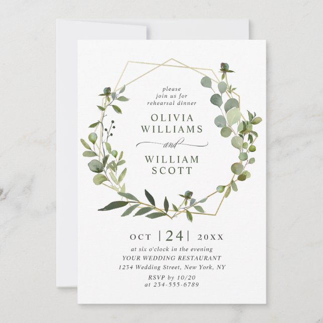 Modern Eucalyptus Geometric Frame REHEARSAL DINNER Invitation (Front)