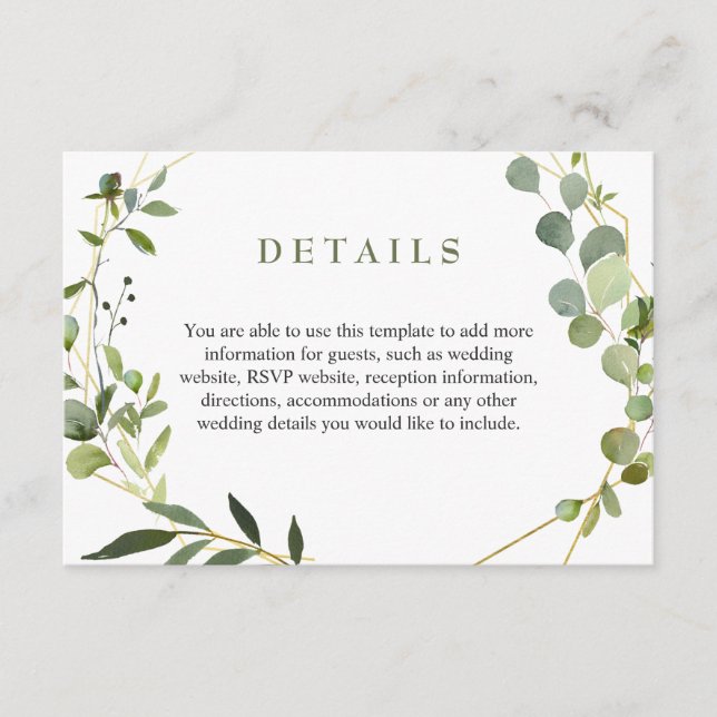 Modern Eucalyptus Geometric Frame Wedding Details Enclosure Card (Front)