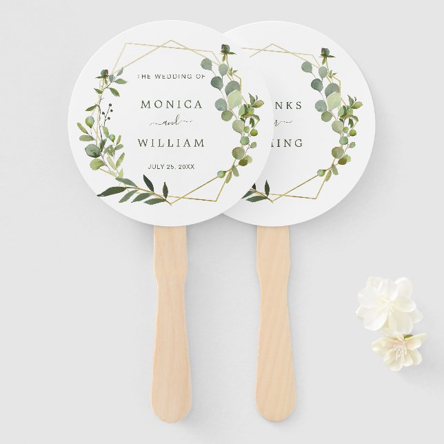 Modern Eucalyptus Geometric Frame Wedding Hand Fan (Front and Back)