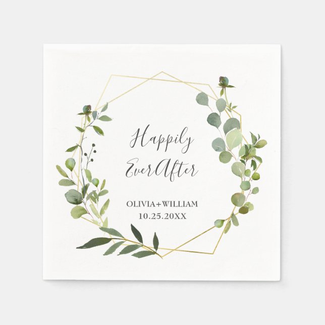 Modern Eucalyptus Geometric Frame Wedding Paper Napkin (Front)