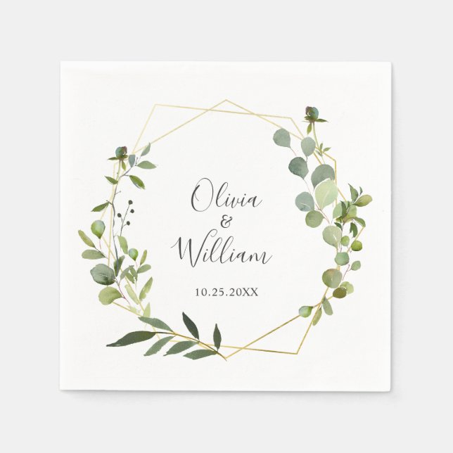 Modern Eucalyptus Geometric Frame Wedding Paper Napkin (Front)