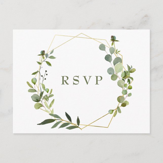 Modern Eucalyptus Geometric Frame Wedding RSVP Postcard (Front)
