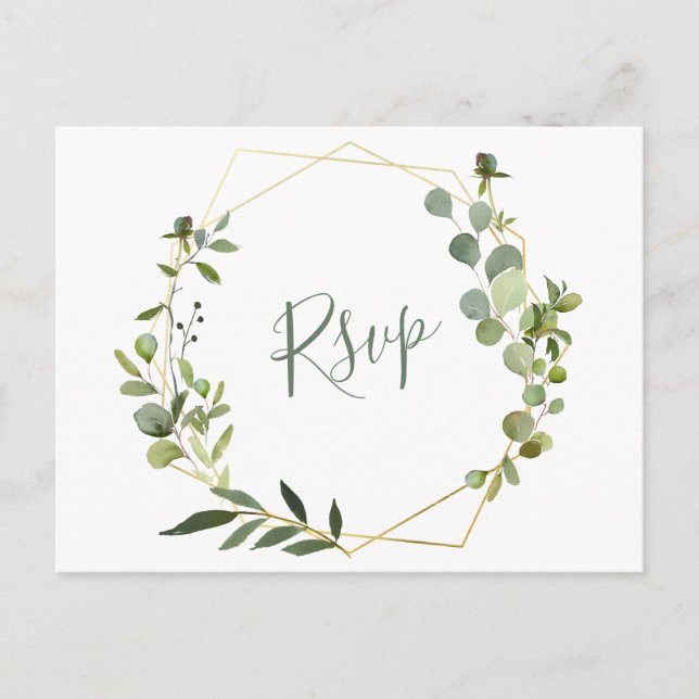 Modern Eucalyptus Geometric Frame Wedding RSVP Postcard (Front)