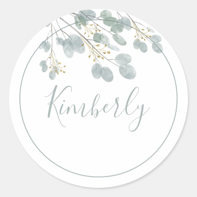 Modern Eucalyptus Gold Accent with Name Classic Round Sticker (Front)