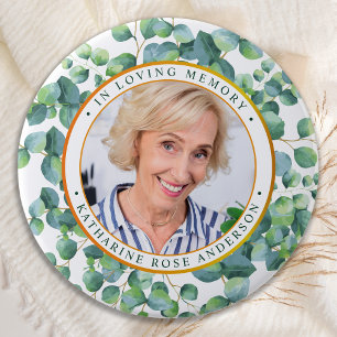 Modern Eucalyptus Gold Photo Funeral Memorial 3 Inch Round Button