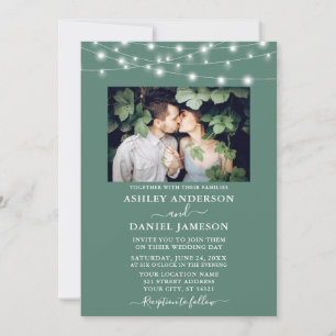 Modern Eucalyptus Green Lights Photo Wedding Invitation