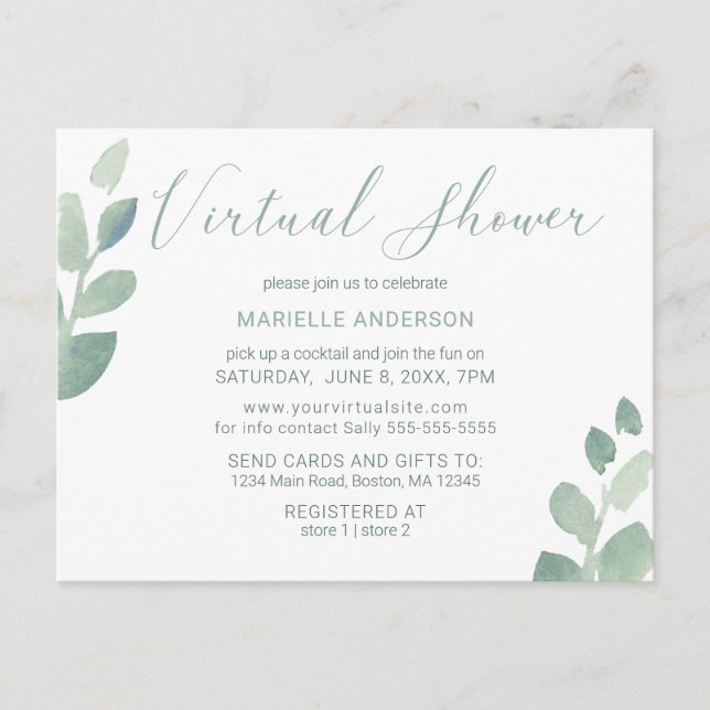 Modern Eucalyptus Green Watercolor Virtual Shower Postcard (Front)