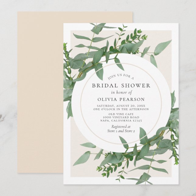 Modern Eucalyptus Greenery Circle Bridal Shower Invitation (Front/Back)