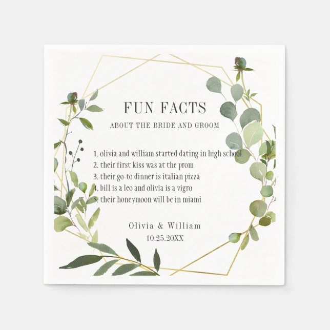 Modern Eucalyptus Greenery Fun Facts Wedding Napkin (Front)
