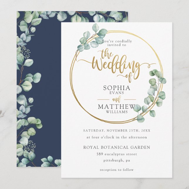 Modern Eucalyptus Greenery Gold Frame Wedding Invitation (Front/Back)