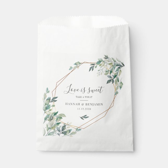Modern Eucalyptus Greenery Gold Geometric Wedding Favour Bag (Front)