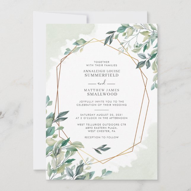Modern Eucalyptus Greenery Gold Geometric Wedding Invitation (Front)