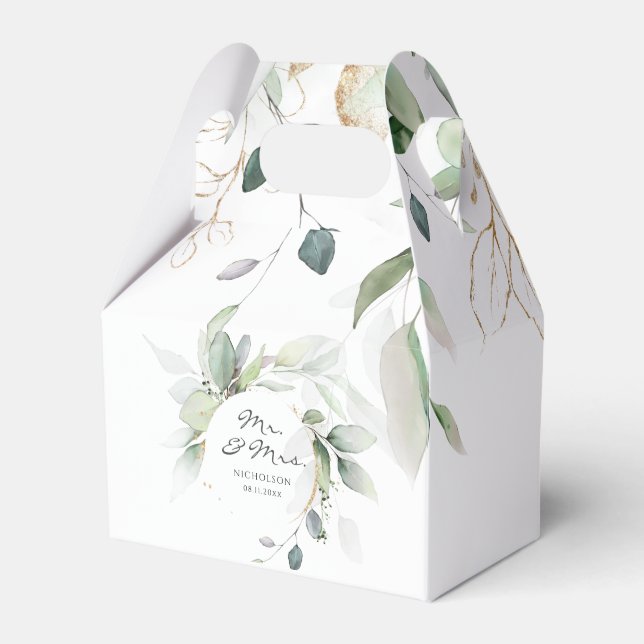 Modern Eucalyptus Greenery Gold Mr. & Mrs.  Favour Favor Box (Front Side)