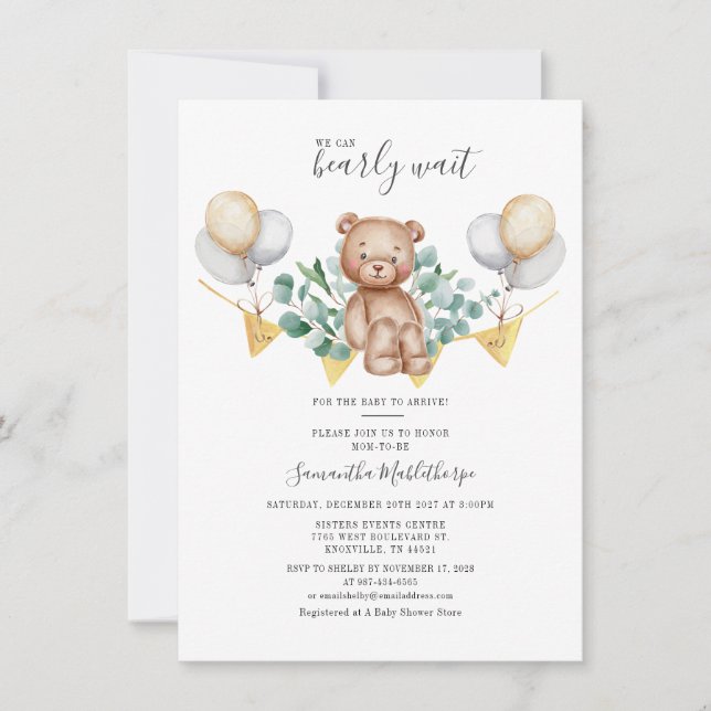 Modern Eucalyptus Greenery Leaves Bear Baby Shower Invitation (Front)