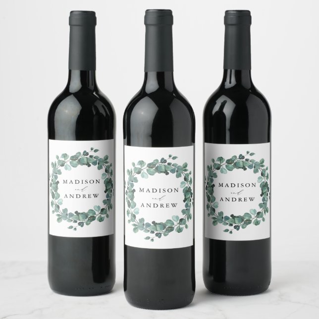 Modern Eucalyptus Greenery Personalized Wedding Wine Label (Bottles)