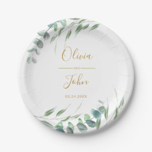 Modern Eucalyptus Greenery Watercolor Gold Name Paper Plate