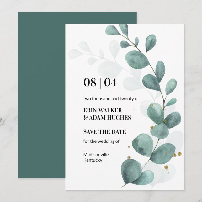 Modern Eucalyptus Greenery Watercolor Wedding Save Save The Date (Front/Back)