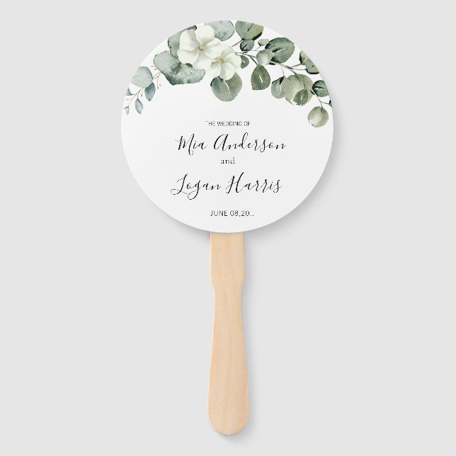 modern eucalyptus greenery wedding hand fan (Front)