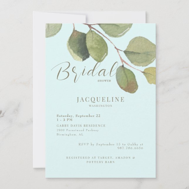 Modern Eucalyptus Ice Blue Gold Text Bridal Shower Invitation (Front)